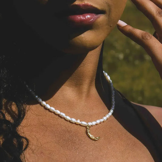 Real Pearls with Moon Pendant Necklace | Vallria