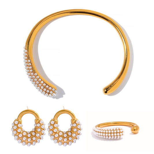 Spike Pearl: Bracelet + Earring + Ring Jewelry Set | Vallria