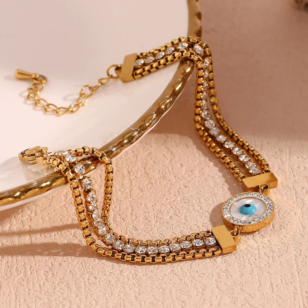 Evil Eye Chain Triple Cubic Zirconia Bracelet | Vallria